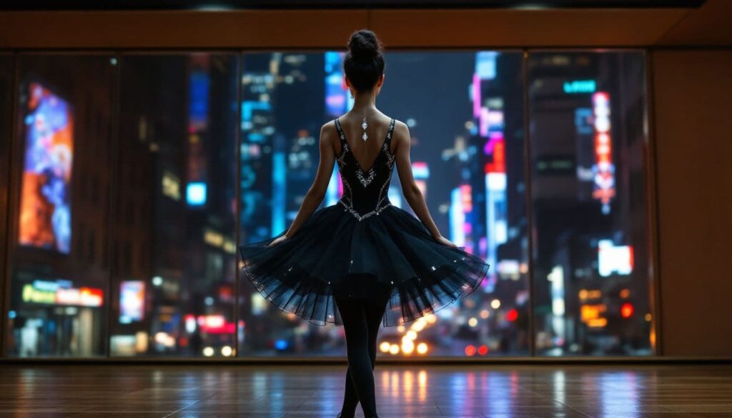 A dancer transitioning from a studio to the street in versatile ballet wear.